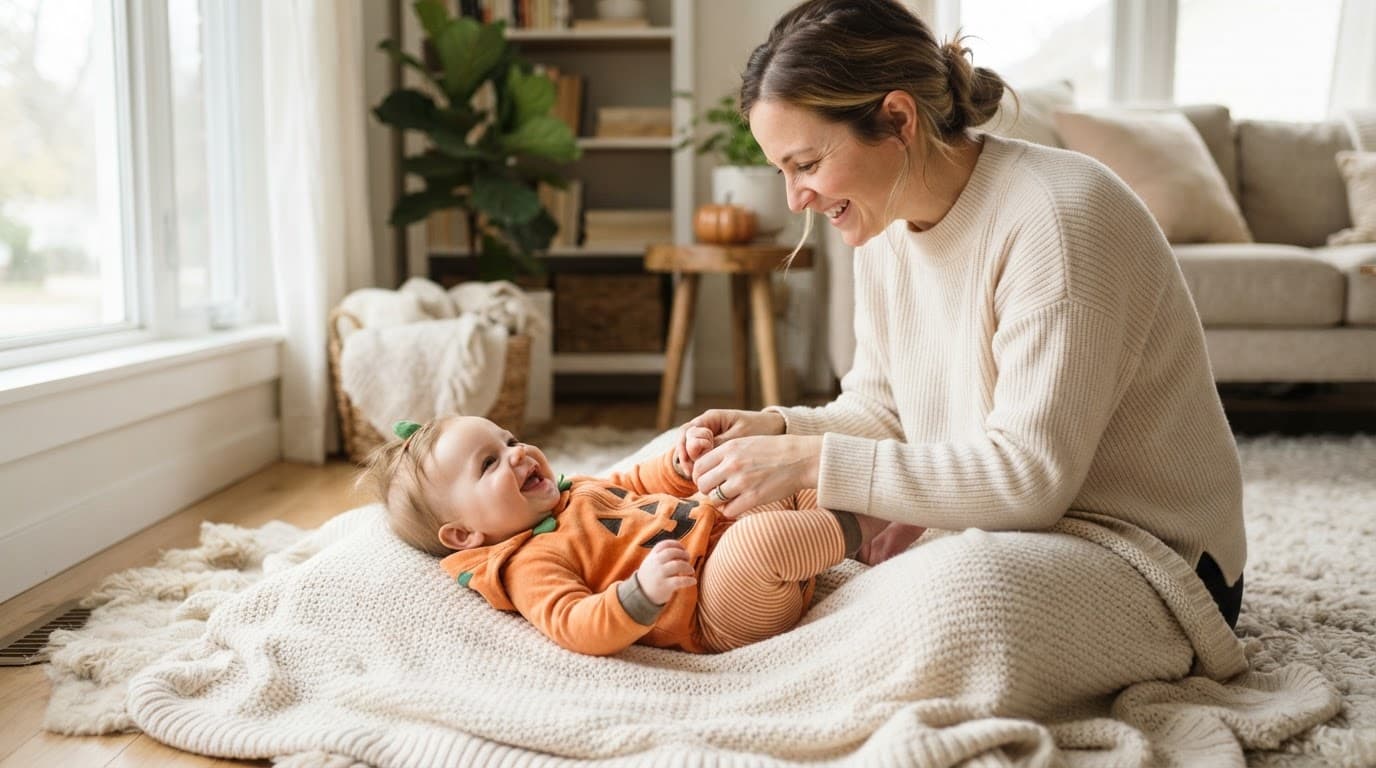A parent dresses a smiling baby in a pumpkin sleeper on a cream blanket.