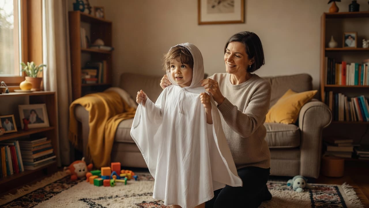 A parent helps a young child put on a soft fabric ghost costume in a cozy living room.