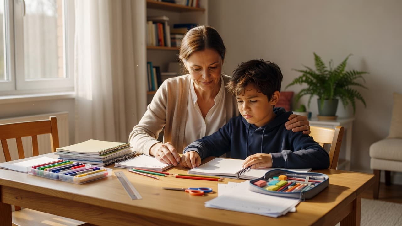A parent helping a child organize school supplies at a table.