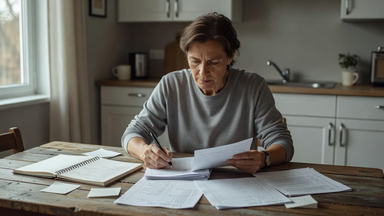 A parent at a wooden table looking over notes and a checklist with a pen.