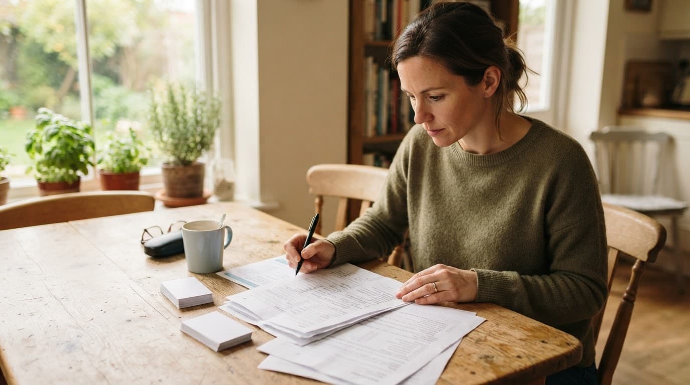 A parent reviews medical forms and emergency cards at a kitchen table.