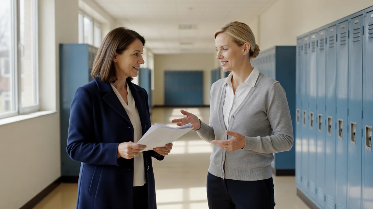 A parent and teacher talking while holding paperwork in a bright school hallway.