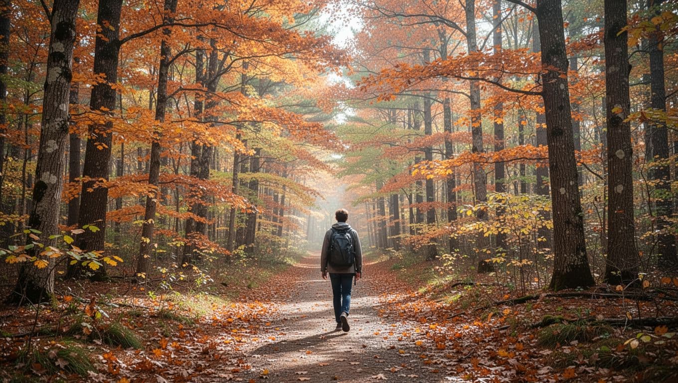 A person walking along a quiet trail beneath colorful autumn trees.