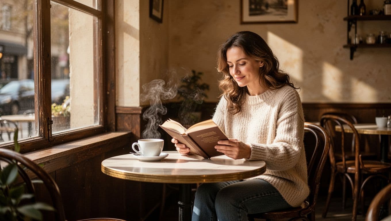 Woman reading an open book at a cozy café table with a drink.