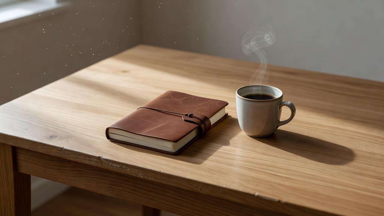 A wooden desk with a leather journal and steaming coffee in soft light.