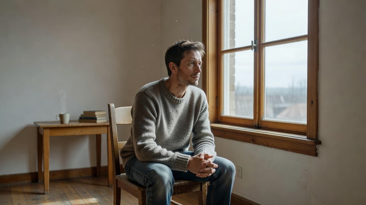 A person sitting indoors near a window looking outward thoughtfully.