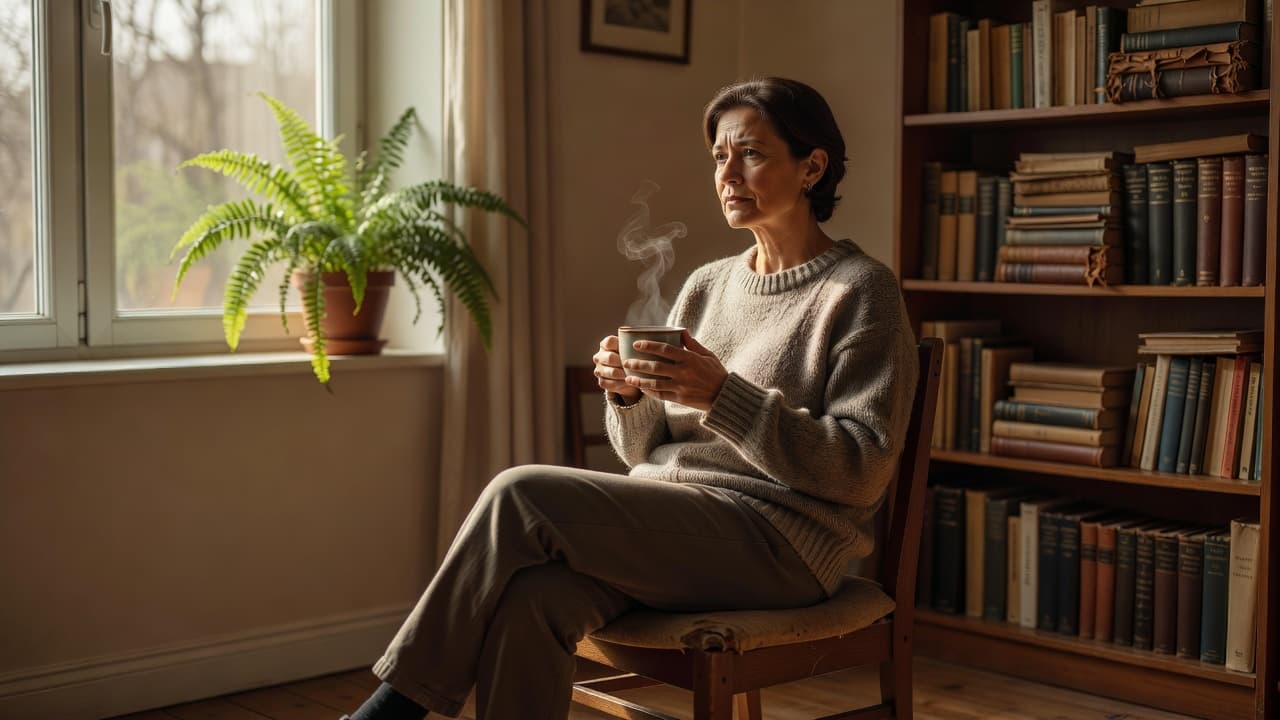 A person sitting peacefully by a sunny window holding a mug.