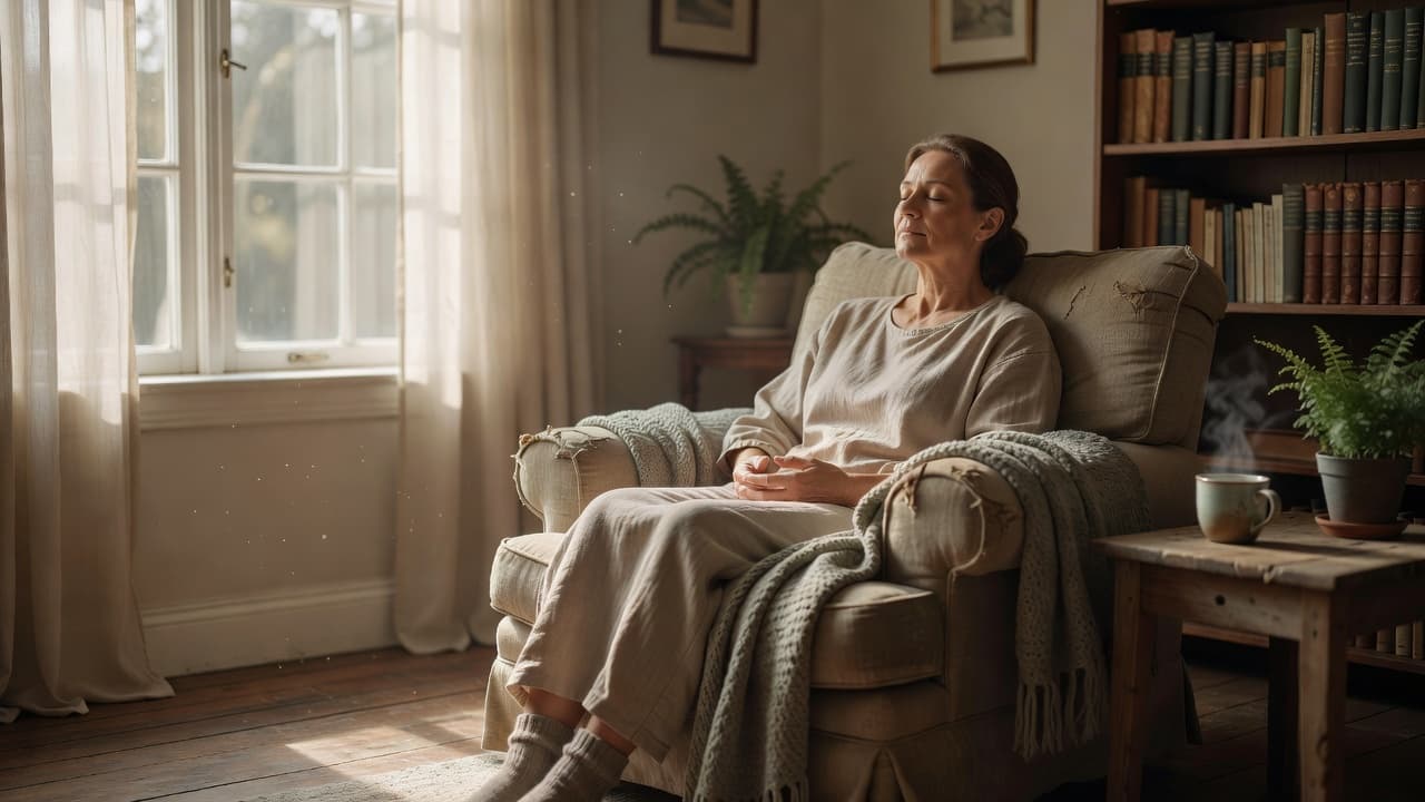 A person sitting quietly in a peaceful room with soft natural light.