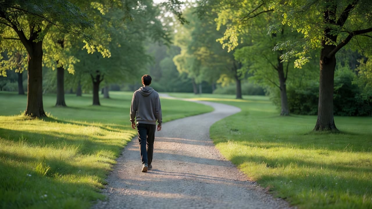 A person walking alone on a quiet green park path during the morning.