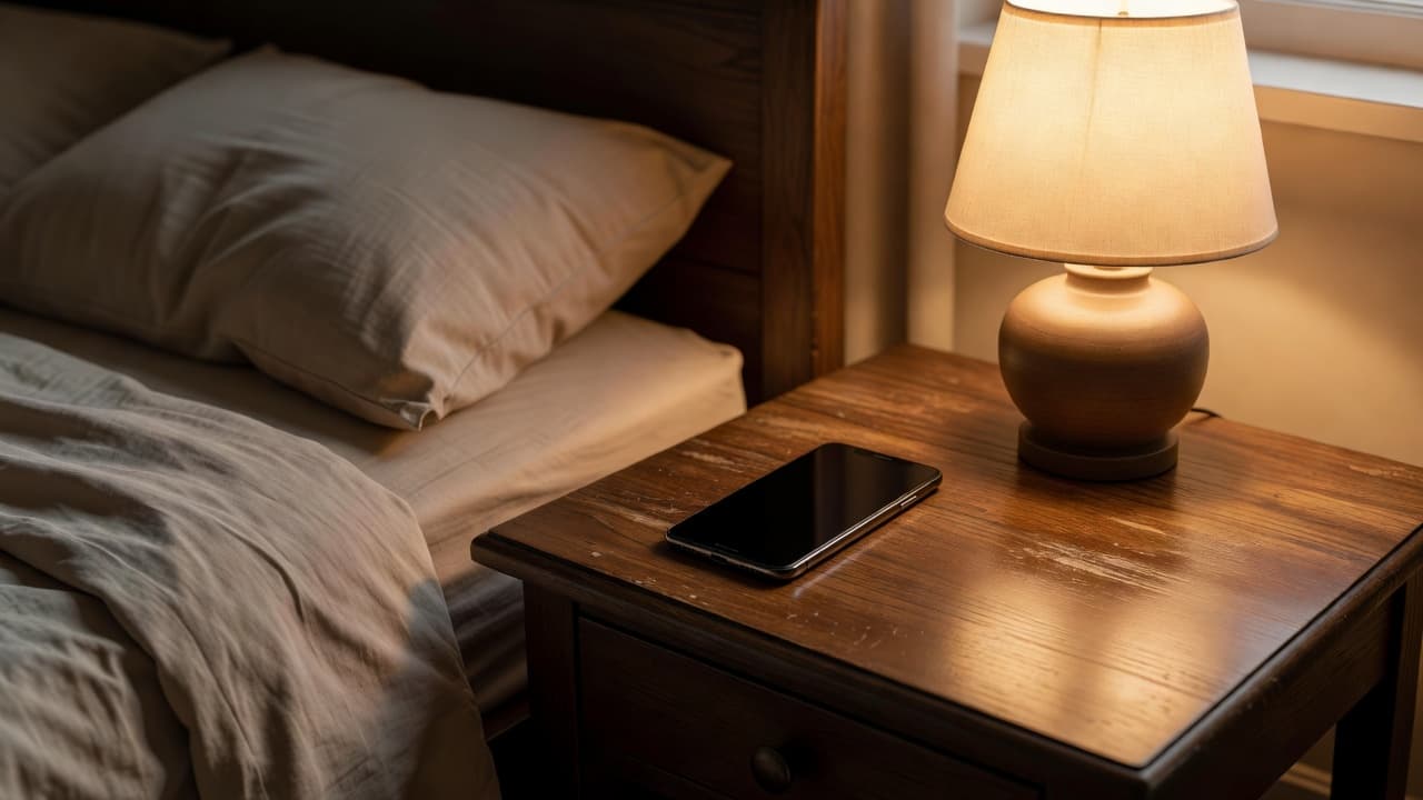A smartphone on a wooden side table next to a warm reading lamp in a bedroom.
