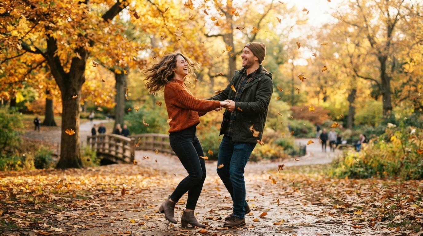 A smiling couple enjoys a playful date among falling leaves in an autumn park.
