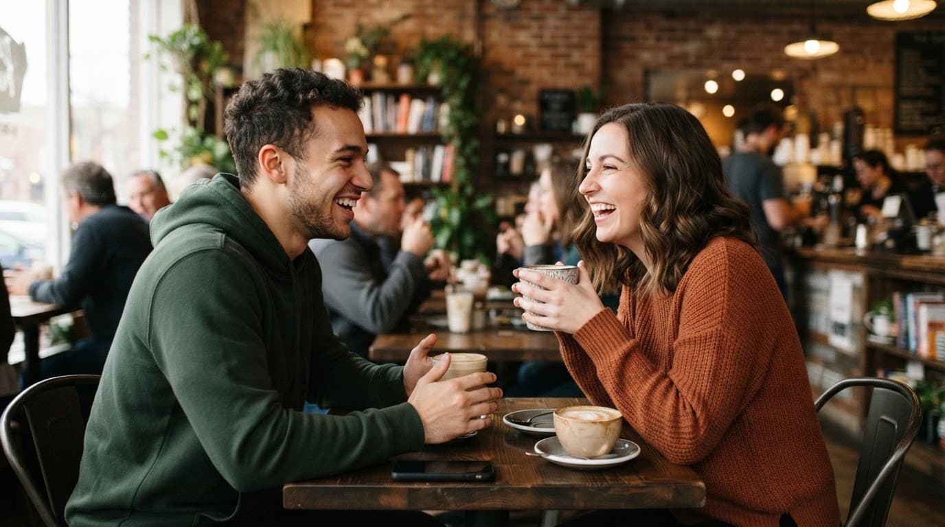Two friends laughing together at a coffee shop table.
