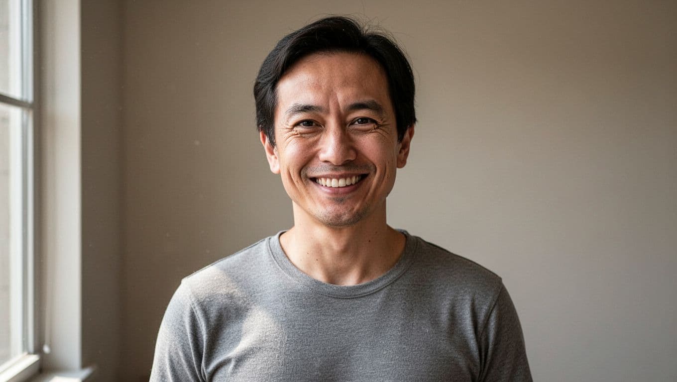 A person smiles politely while holding a tense posture indoors.