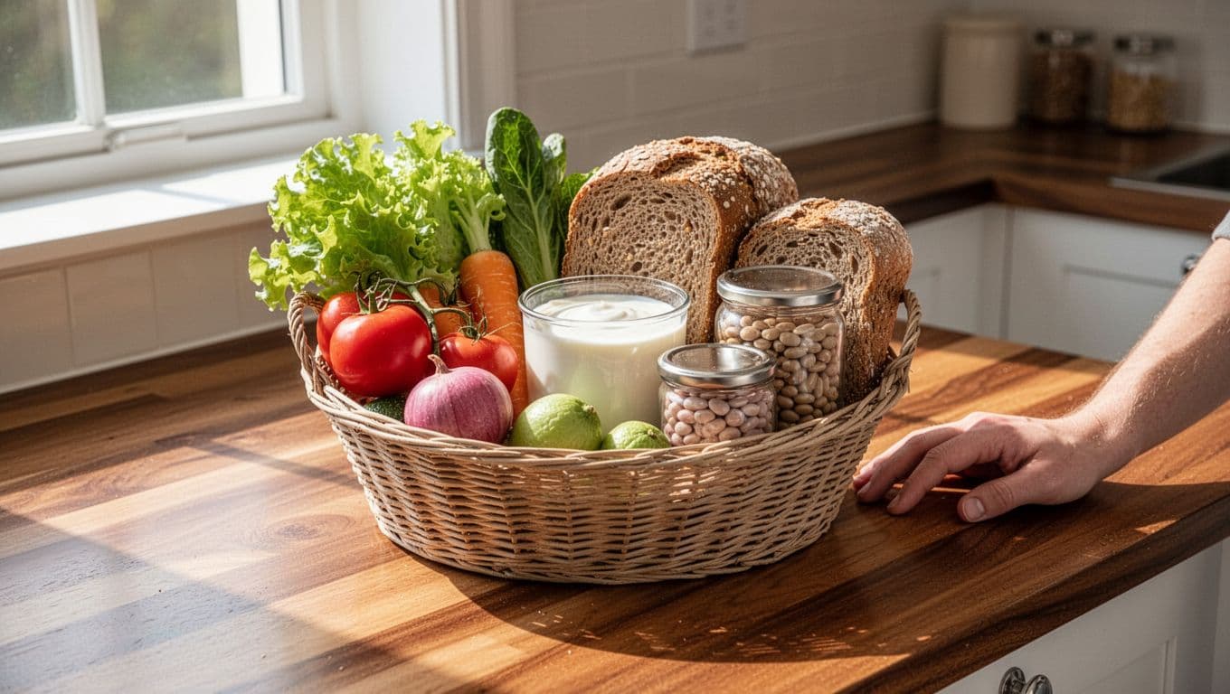 A basket of produce, yogurt, grains, and beans on a kitchen counter beside a resting hand.