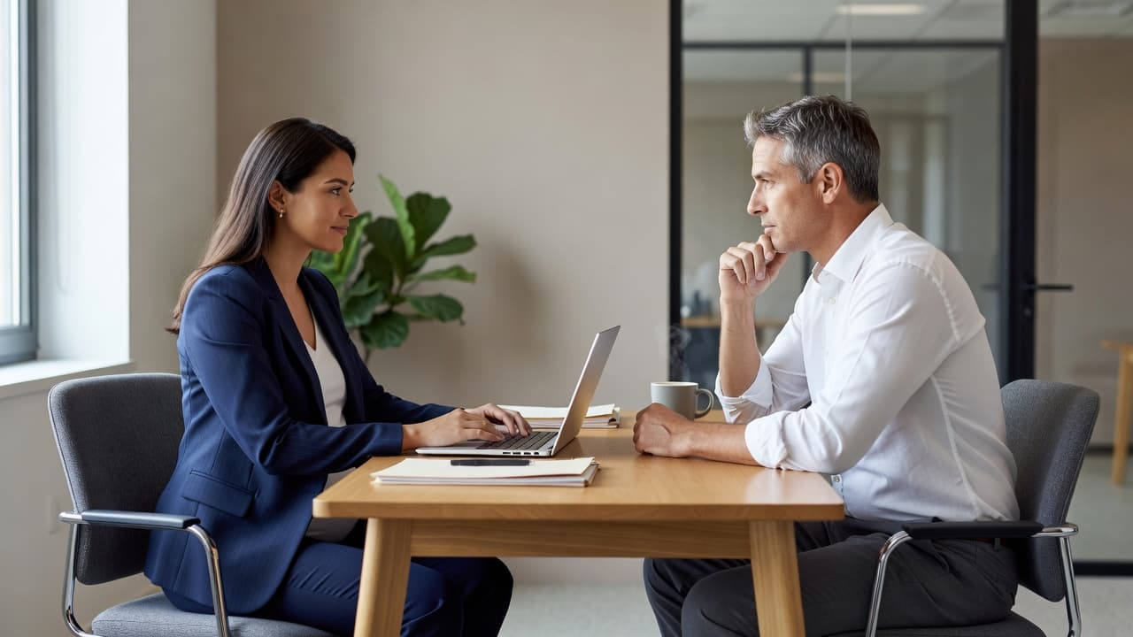 A pregnant woman having a calm professional discussion at an office desk.