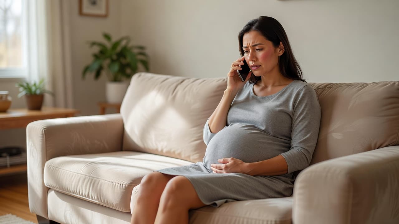 An expectant mother sitting on a sofa and making a phone call.