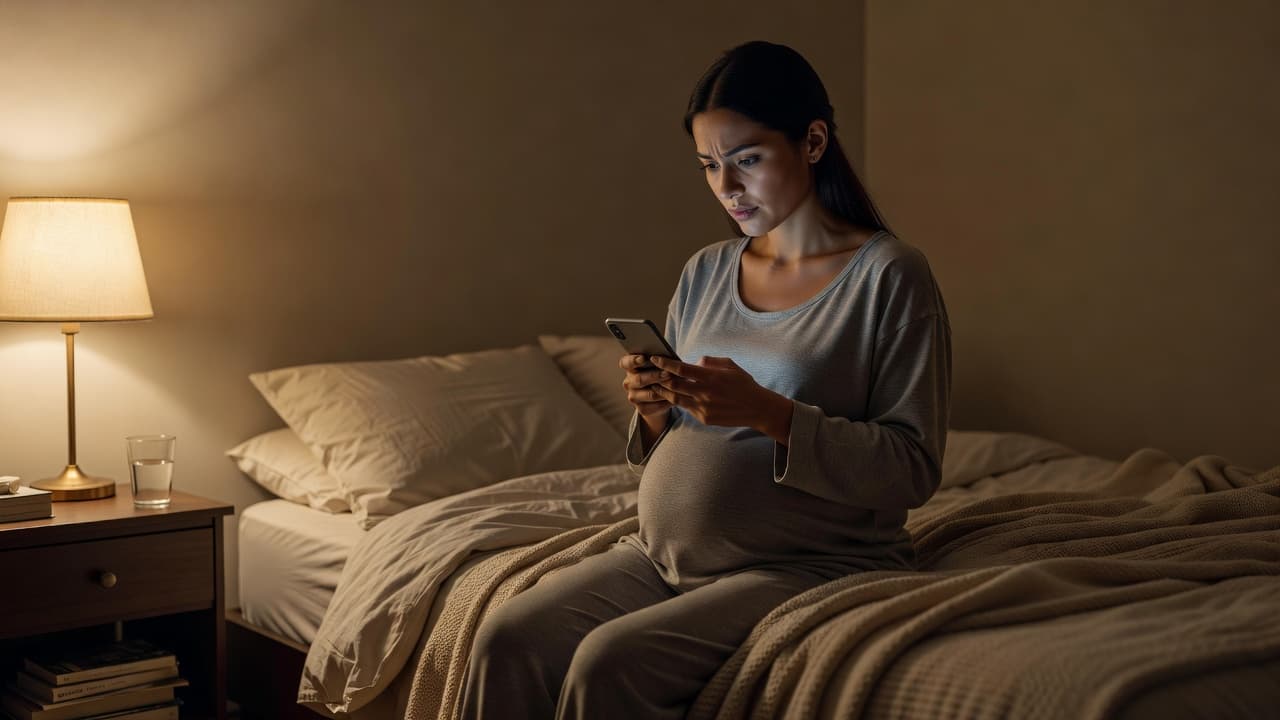 A pregnant woman looks at her phone in a dimly lit bedroom at night.