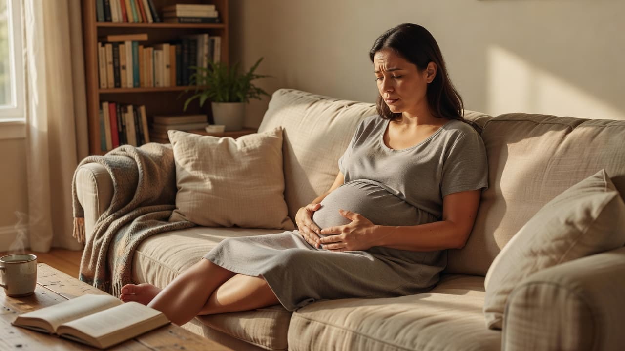 A pregnant woman holding her lower belly while resting on a comfortable sofa.