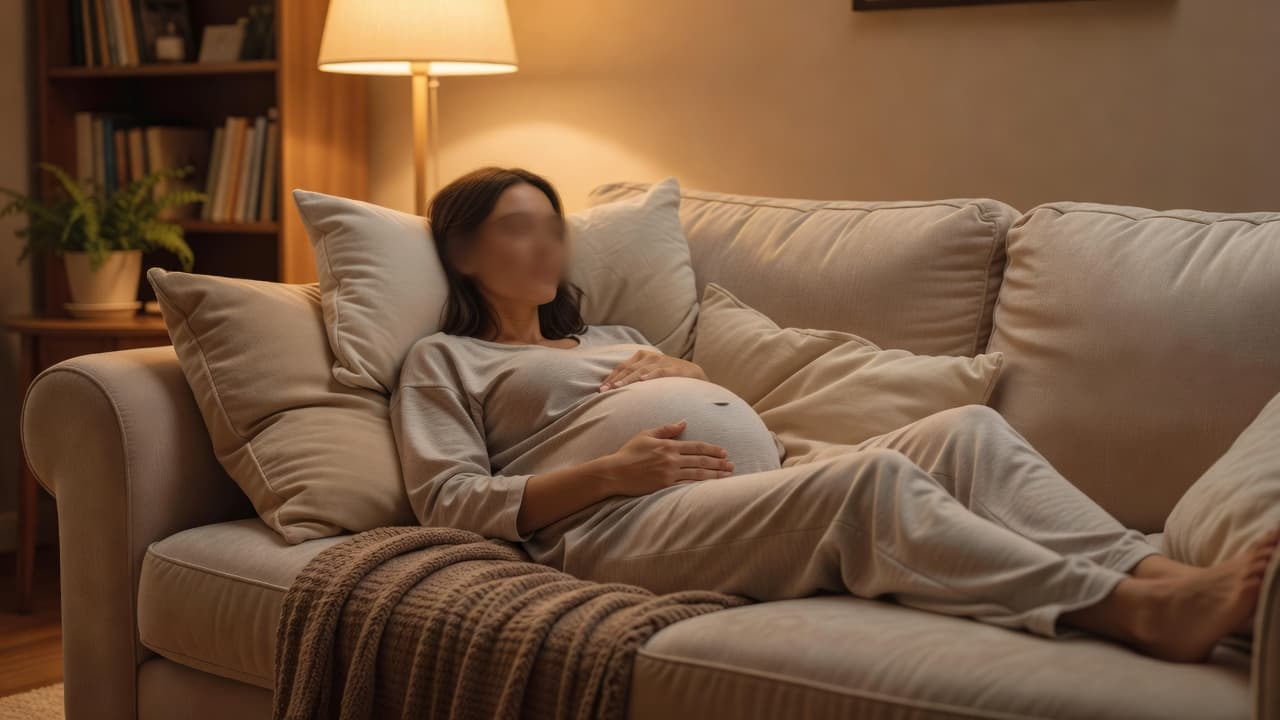 An expecting woman resting with soft pillows on a cozy living room sofa.