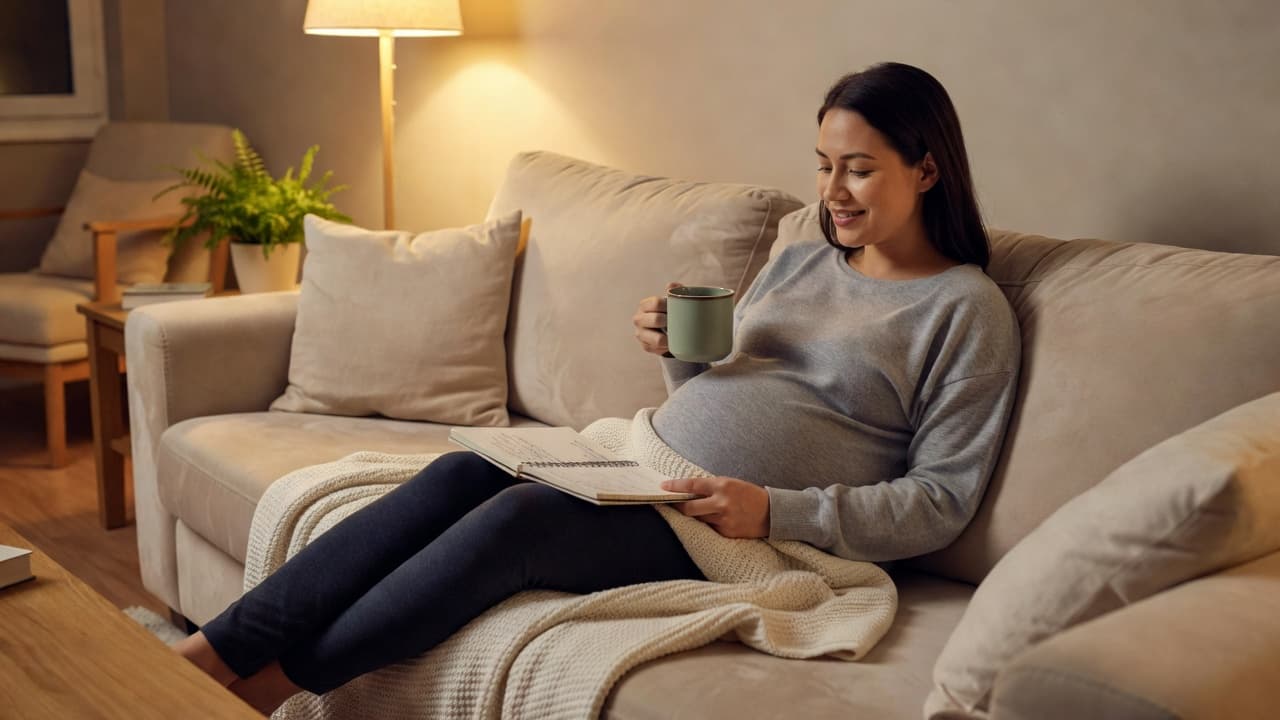 A pregnant woman resting on a comfortable sofa with a warm drink.