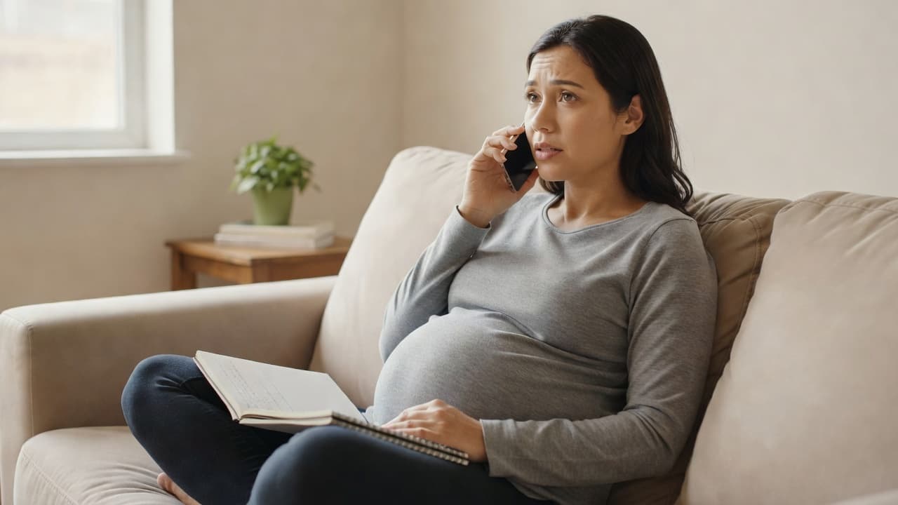A pregnant woman sits on a sofa talking on her phone while reading a notebook.