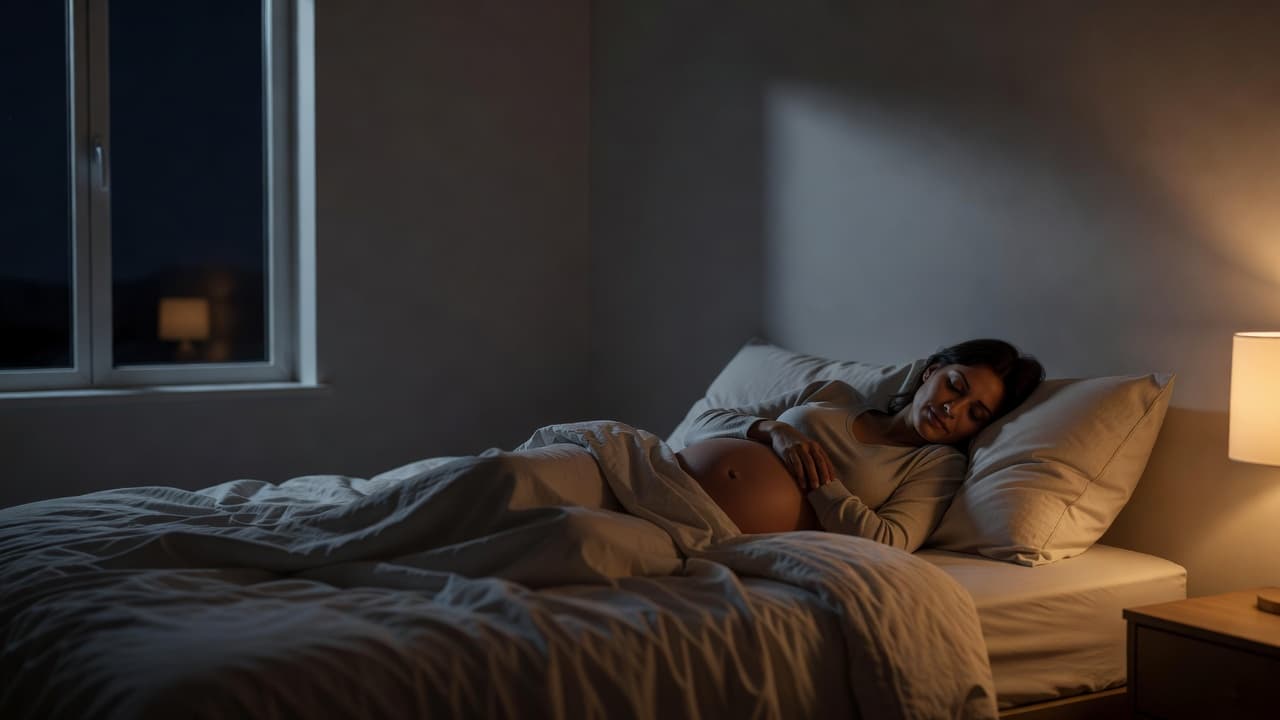 A pregnant woman resting comfortably in a cozy bed illuminated by soft moonlight.