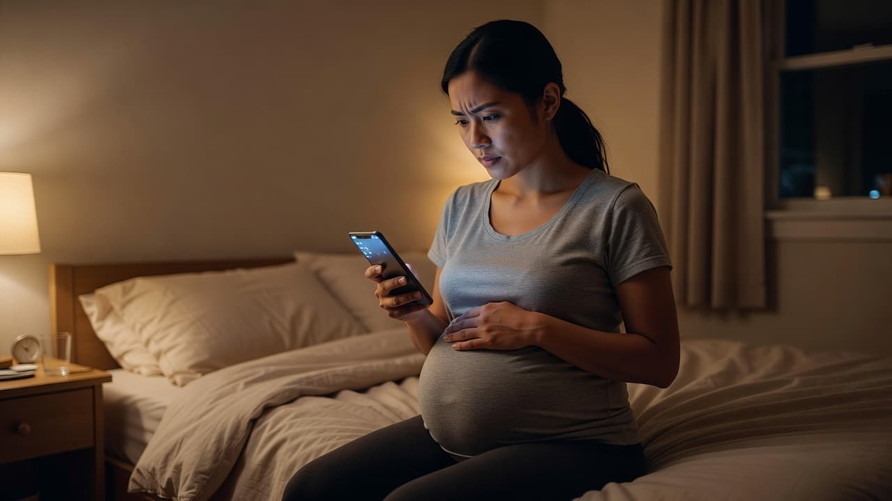 An expectant mother in bed at night uses her phone to track contractions.