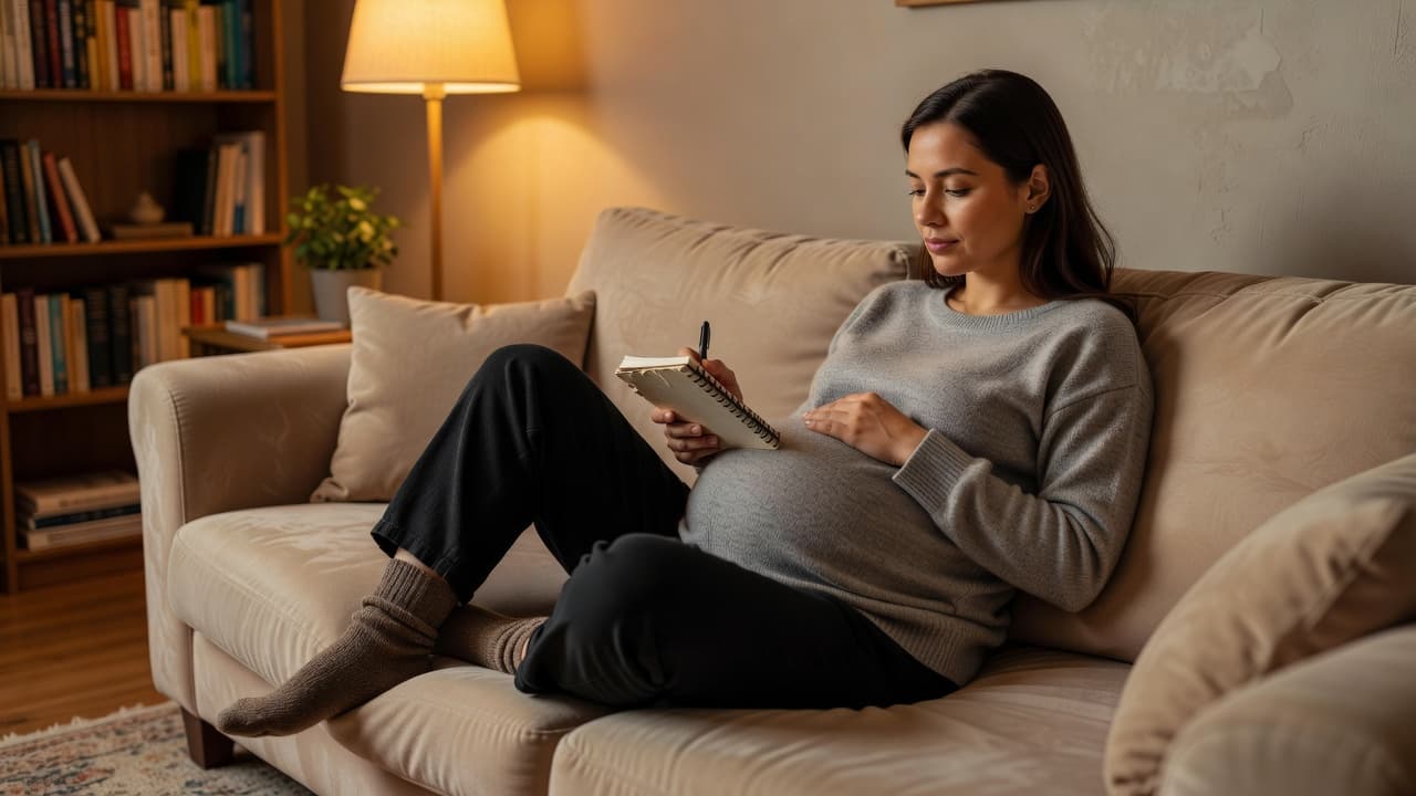 A pregnant woman sitting on a living room couch checking her phone.