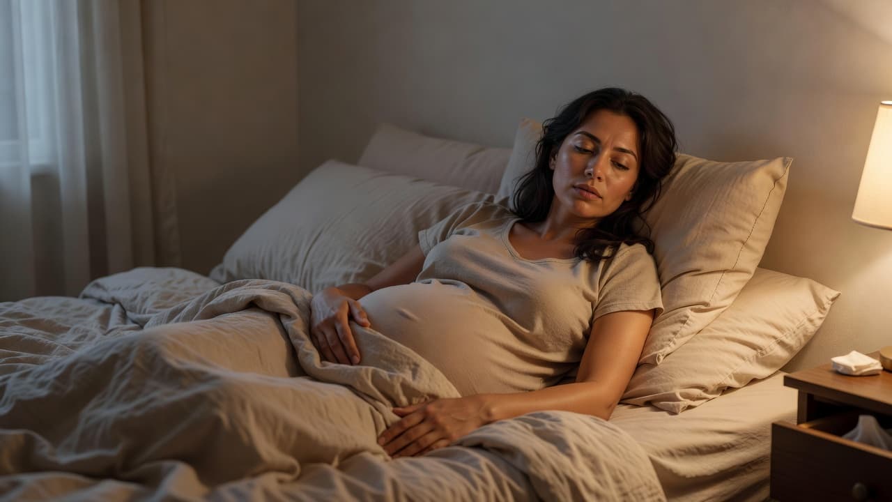 A calm pregnant woman sitting up in bed at night looking thoughtful.