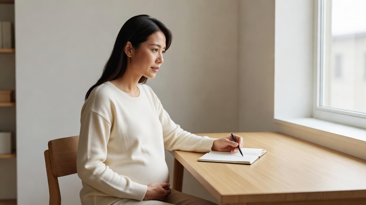 A pregnant woman sits at a desk with a notebook, looking out a sunny window.