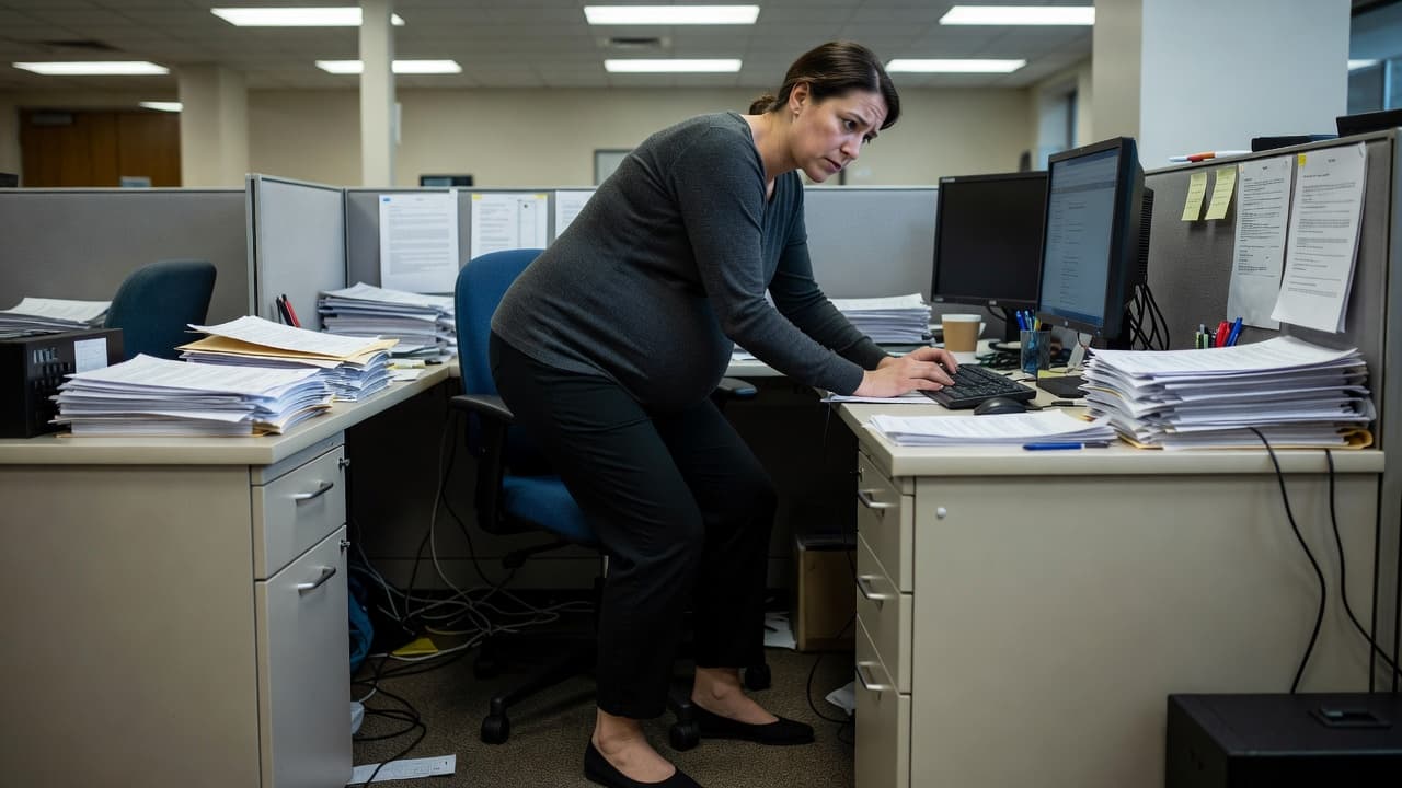 A pregnant woman at her office desk holding her lower back in discomfort.