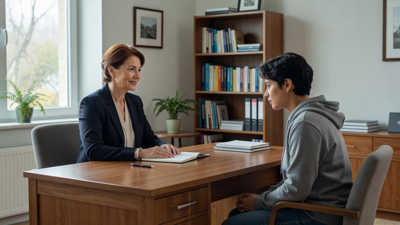 A counselor and client talking across a wooden desk in a bright office.