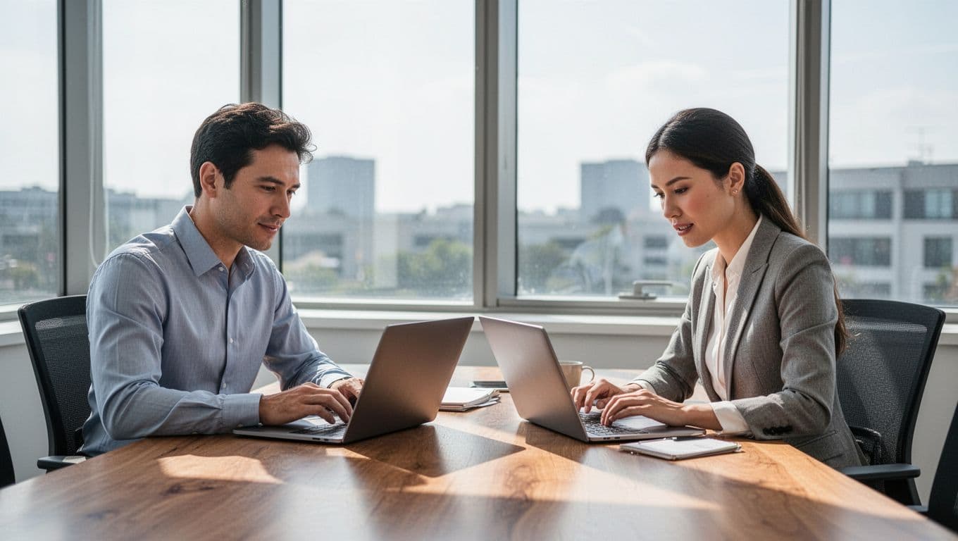 Two professionals work together on laptops at a wooden office table.