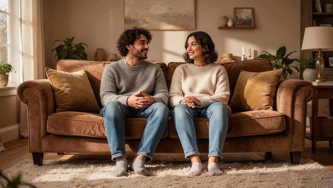 Two friends quietly talking together on a cozy sofa in soft daylight.