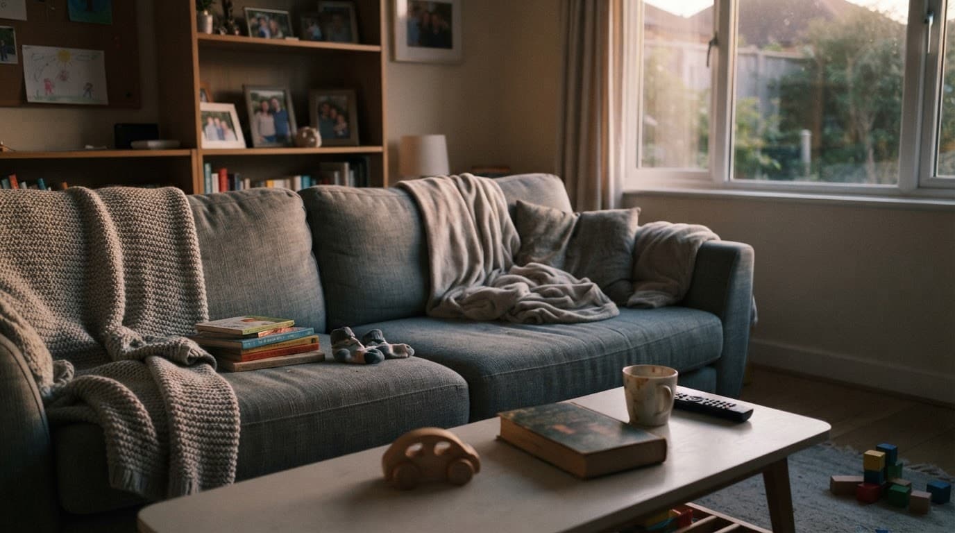 An empty couch with a knit blanket in a dimly lit living room.