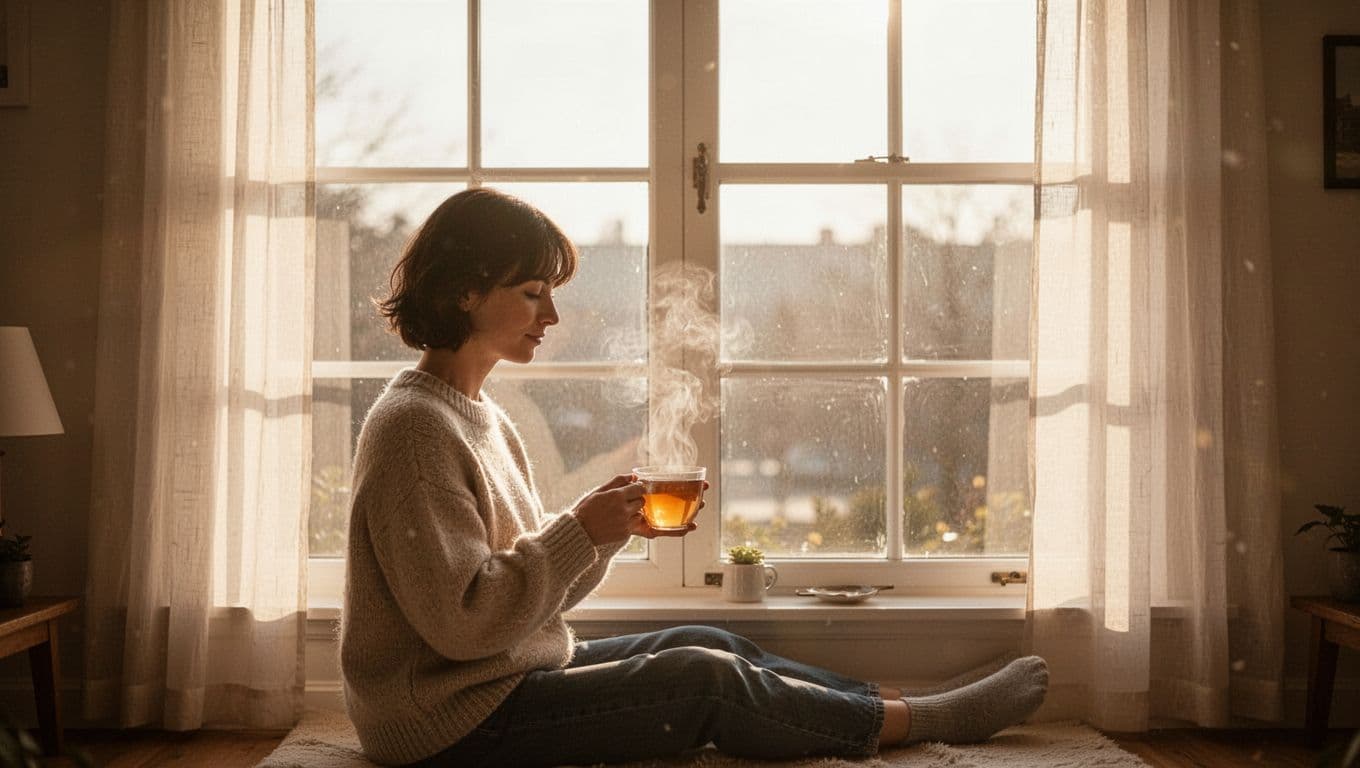 A person holding tea beside a bright window in a peaceful room.