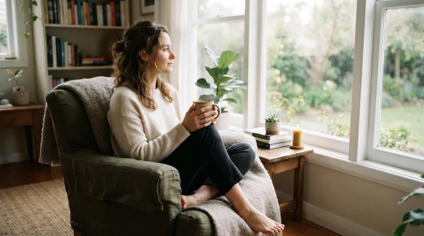 A person holds a warm mug beside a bright window.