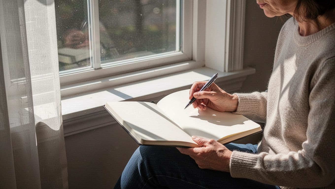 Person writing in a journal beside a softly lit window.