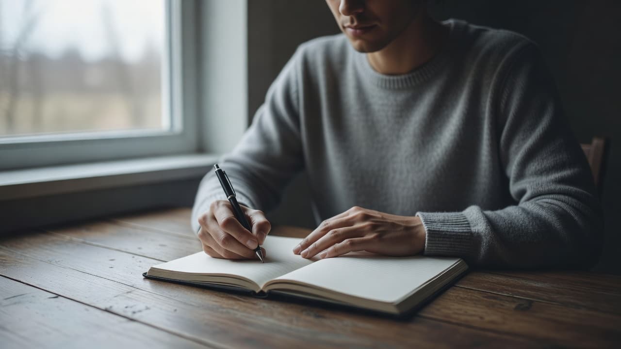 A person writing in a blank journal at a wooden table in soft daylight.