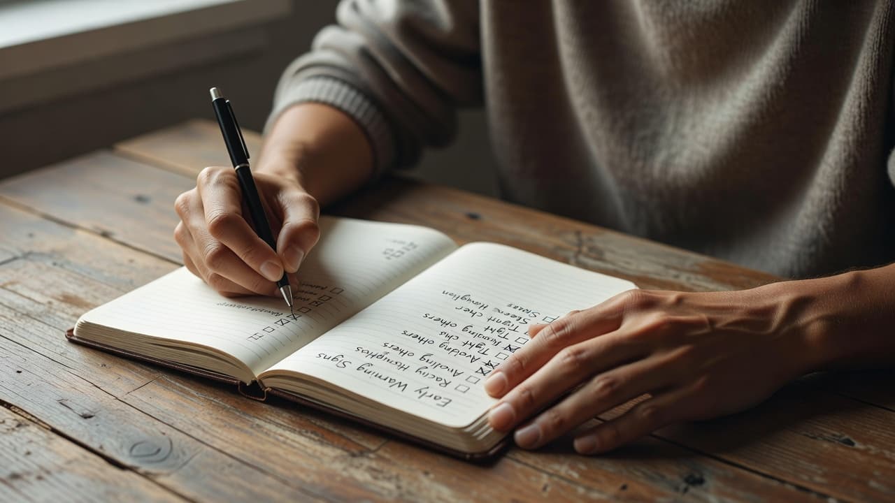 Close-up of hands writing inside a recovery journal on a wooden table.