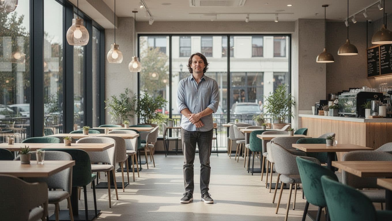 One person stands with relaxed posture and space around them in a bright modern cafe.