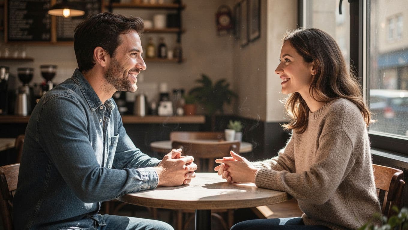 A man and woman having a friendly conversation across a small café table.