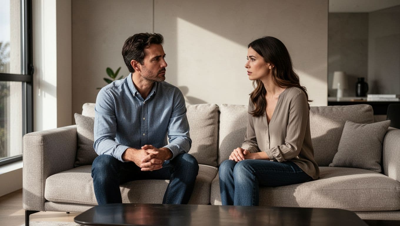 A couple has a serious conversation together on a sofa in a softly lit living room.