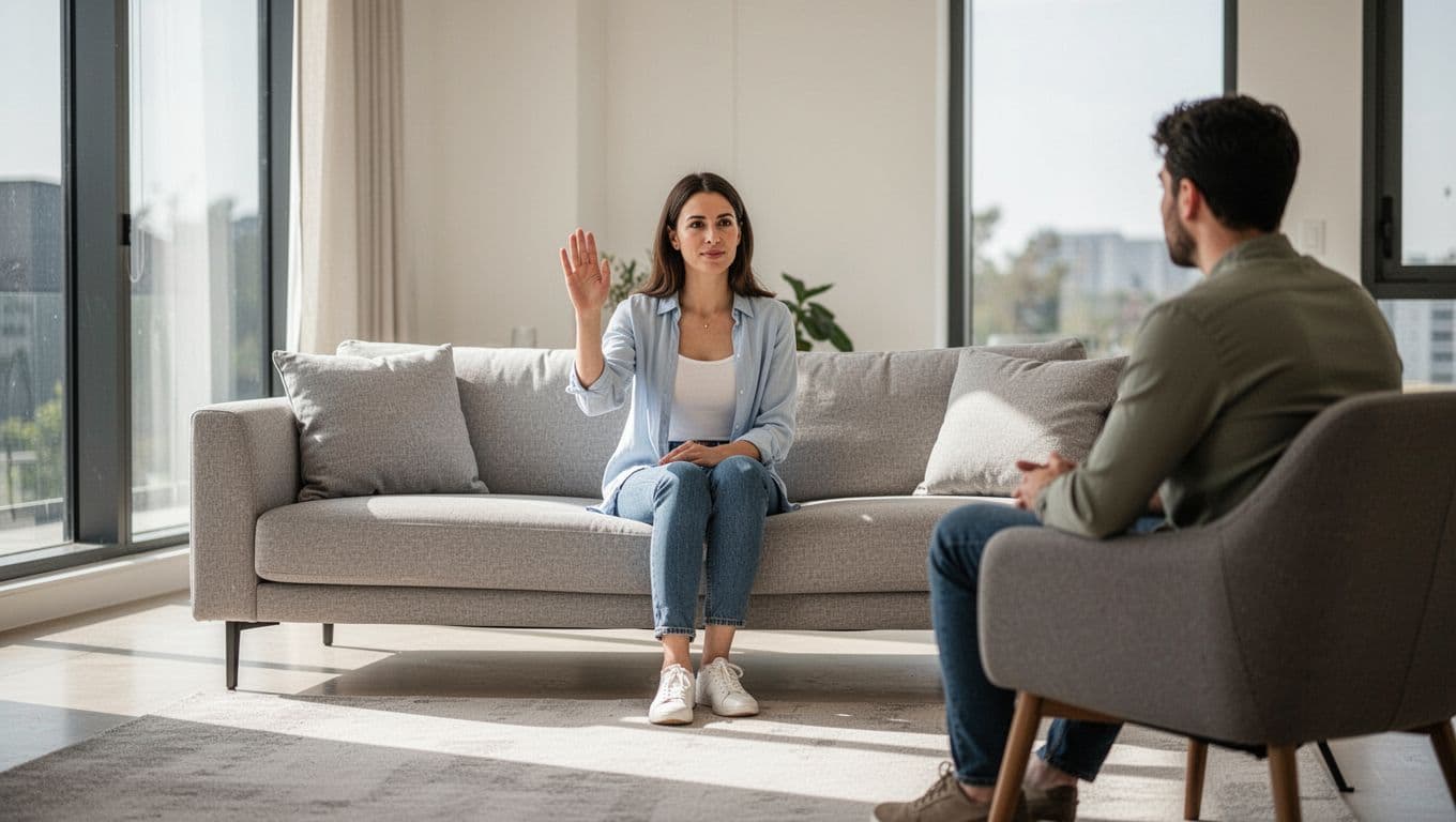 A woman raises her hand during a calm conversation with her partner.