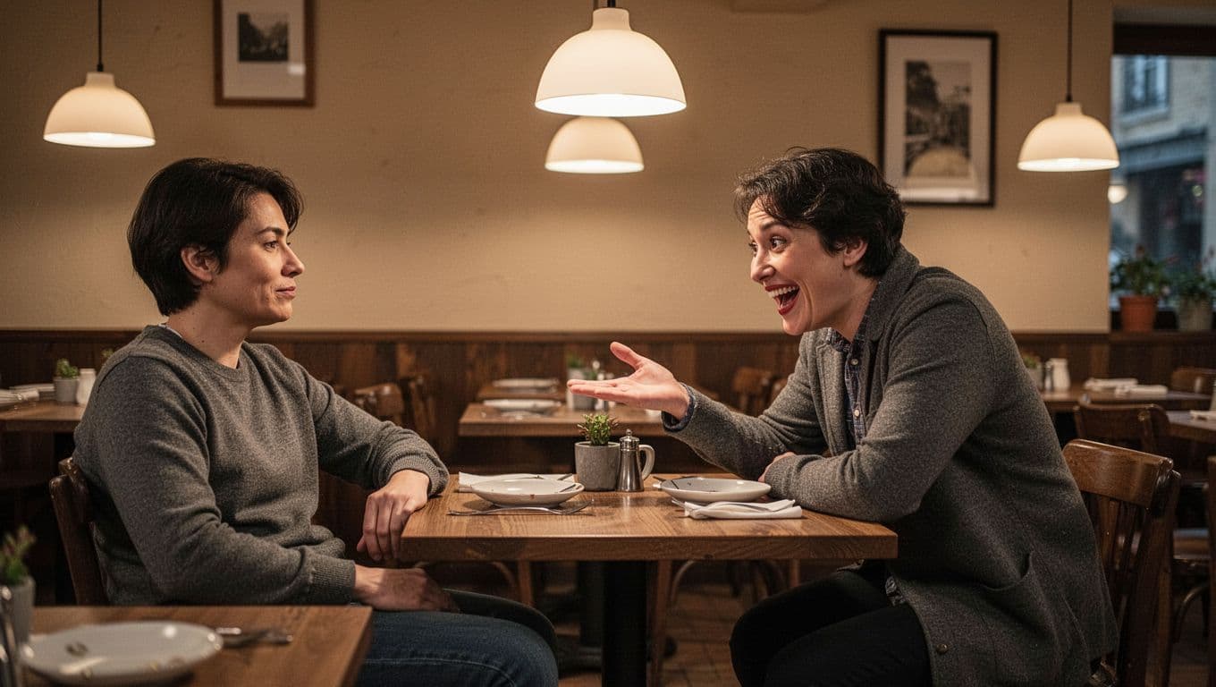 One diner leans close, smiling broadly as they praise the person across the restaurant table.