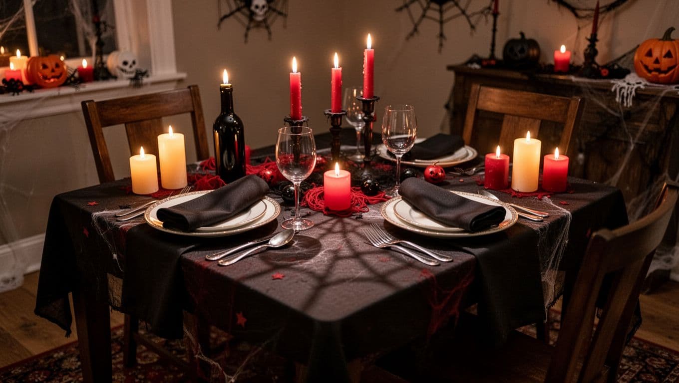 A romantic Halloween table for two with candles, dark napkins, red accents, and spooky decorations.