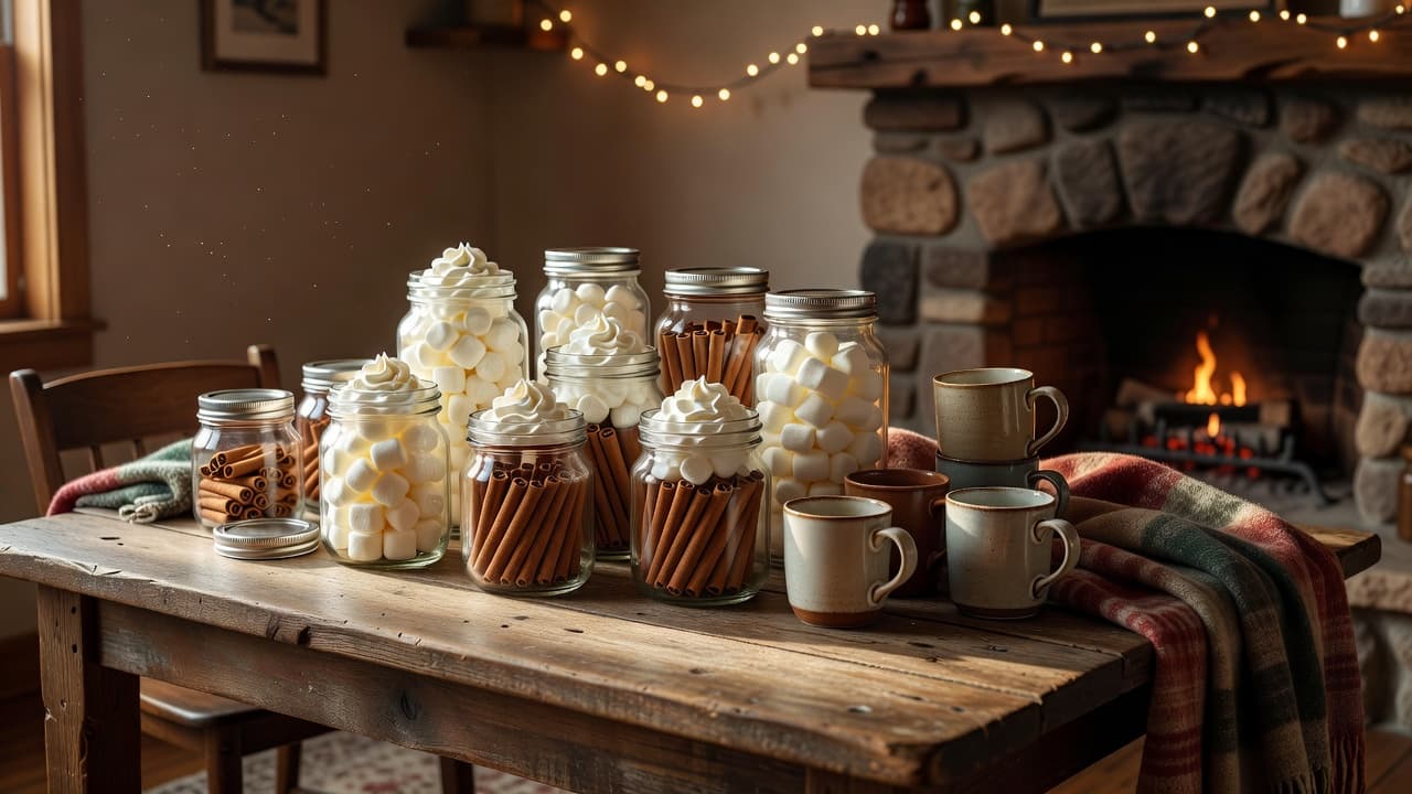 A wooden table arranged as a hot cocoa station with jars of marshmallows and cinnamon.