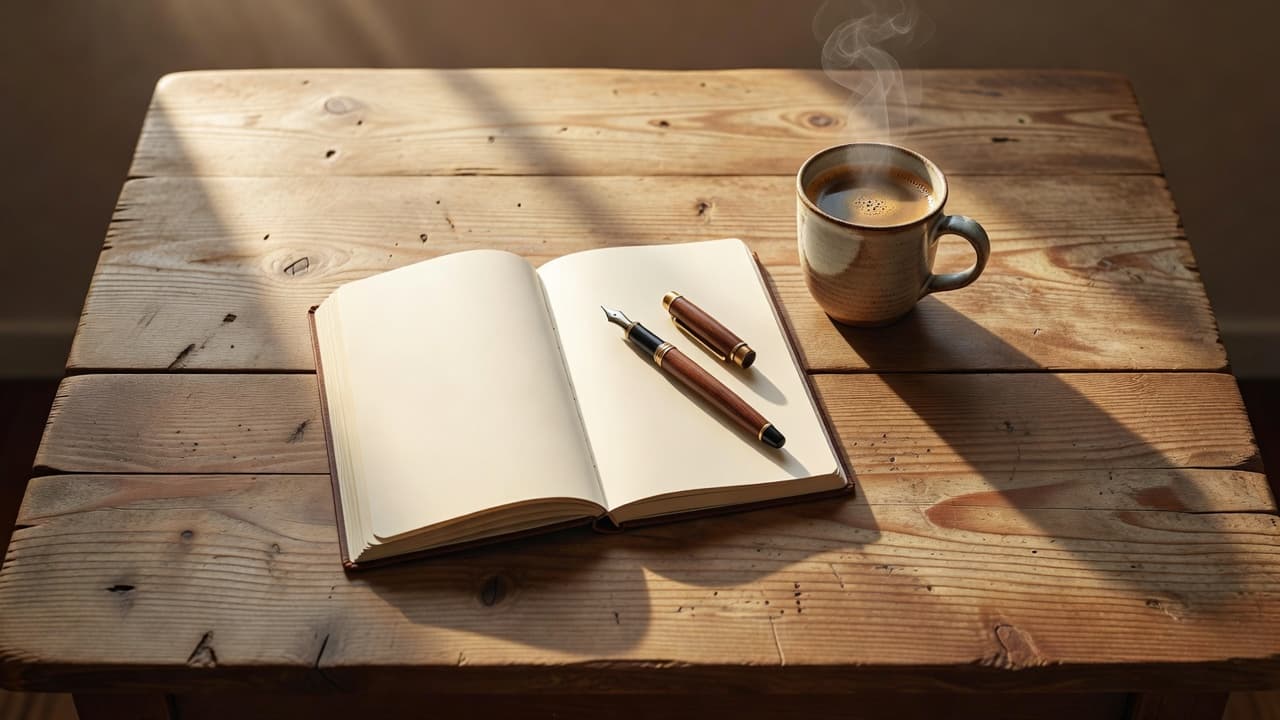 An open journal, pen, and coffee cup on a wooden table in morning light.