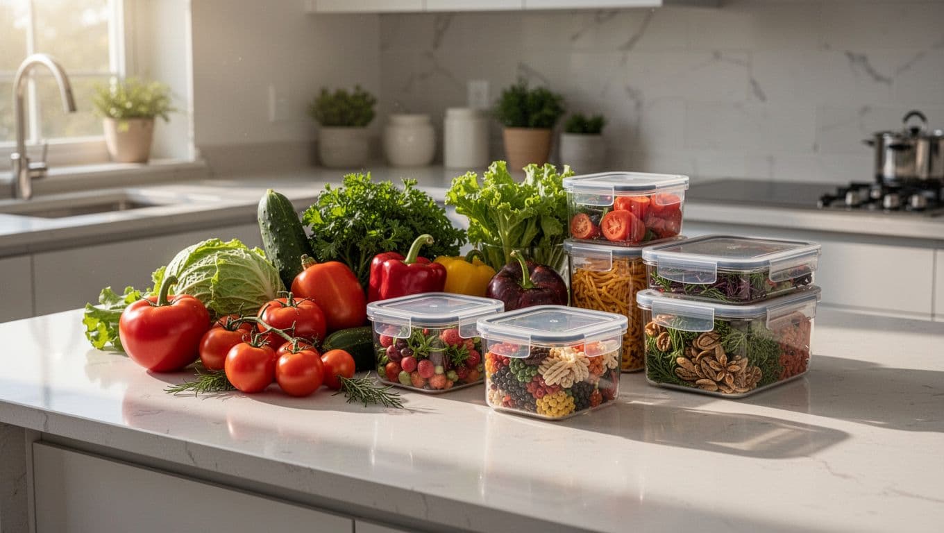 Fresh vegetables and sealed containers arranged on a clean kitchen counter.