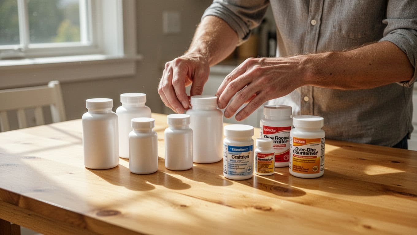 Person organizing prescription and over-the-counter medicines on a bright kitchen table.